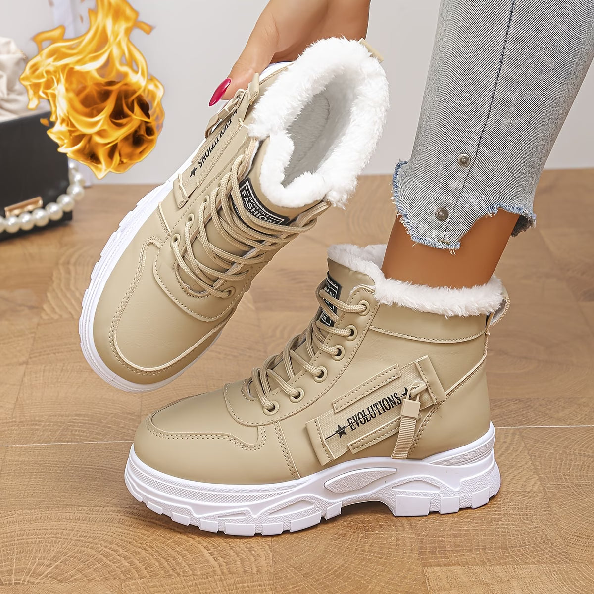 Women's Warm Lace-Up Winter High Top Sneakers with Fluffy Trim & Platform Sole