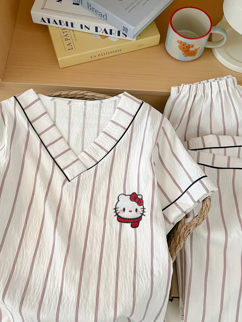 Cloud Sweet Embroidery Pajama Set – Short Sleeve & Long Pants