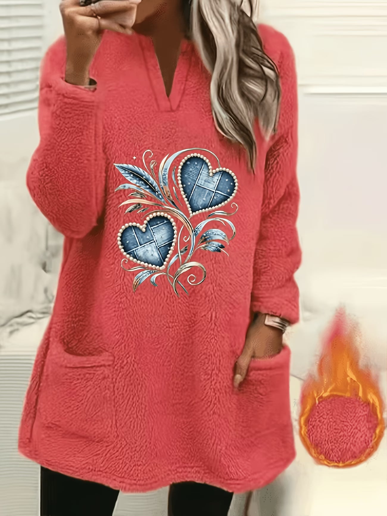 Heart Print Plush Pullover Sweatshirt – V-Neck Soft Fleece Top