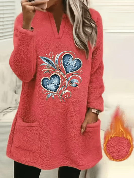 Heart Print Plush Pullover Sweatshirt – V-Neck Soft Fleece Top