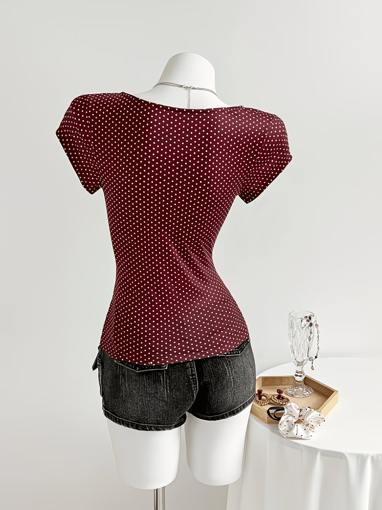 Polka Dot V-Neck T-Shirt – Pleated Button-Detail