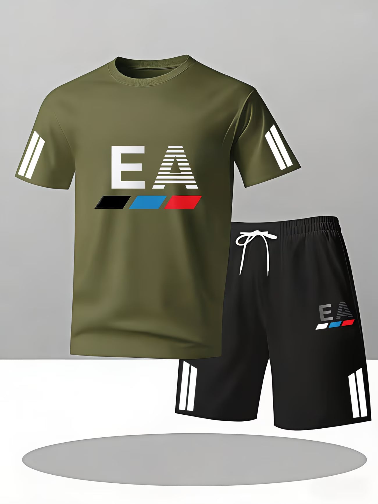 Men's Casual Sportswear Set – EA Logo & Colour Block T-Shirt