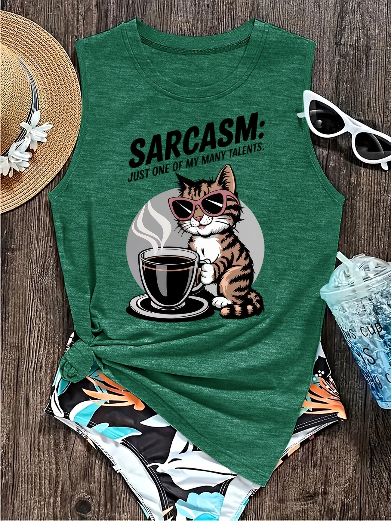 Women's Sarcasm, Cool Cats & Coffee Print Sleeveless Vest