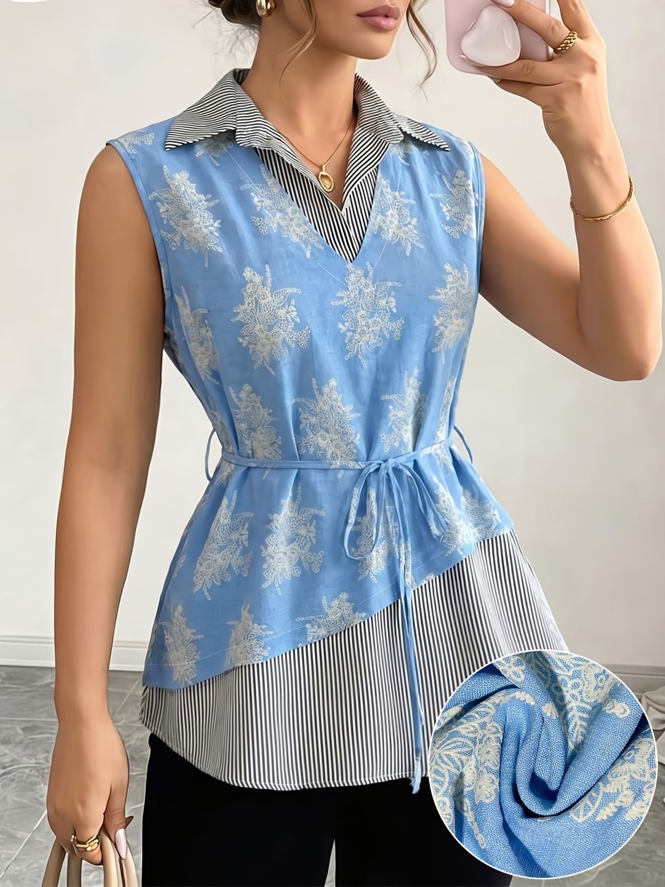 Women's Summer Printed Sleeveless Top – Spliced 2-in-1 Tie-Waist Shirt