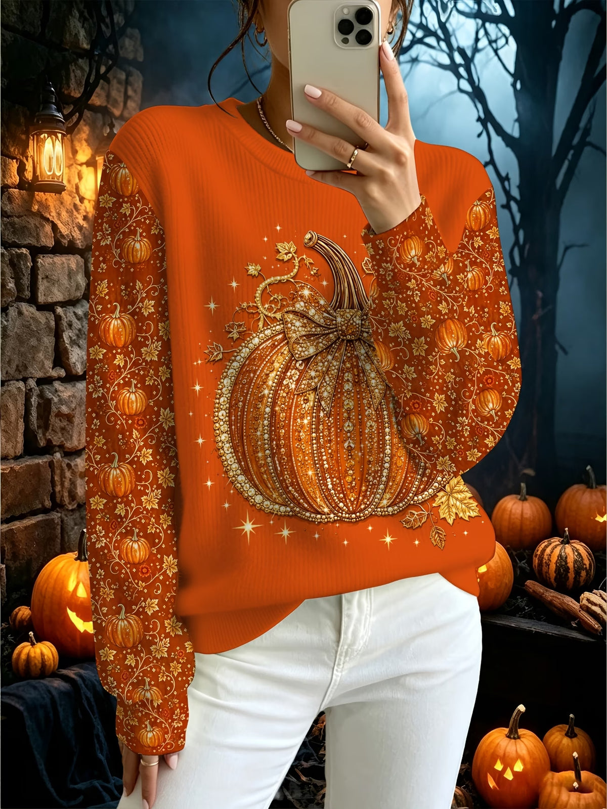 Women's Halloween Orange Pumpkin & Vine Print Long-Sleeve Top