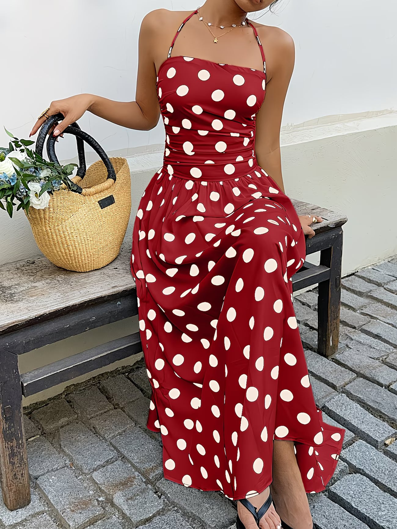 Polka Dot Halter Neck A-Line Dress – Back-Wrap Sleeveless