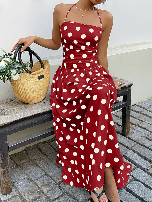 Polka Dot Halter Neck A-Line Dress – Back-Wrap Sleeveless