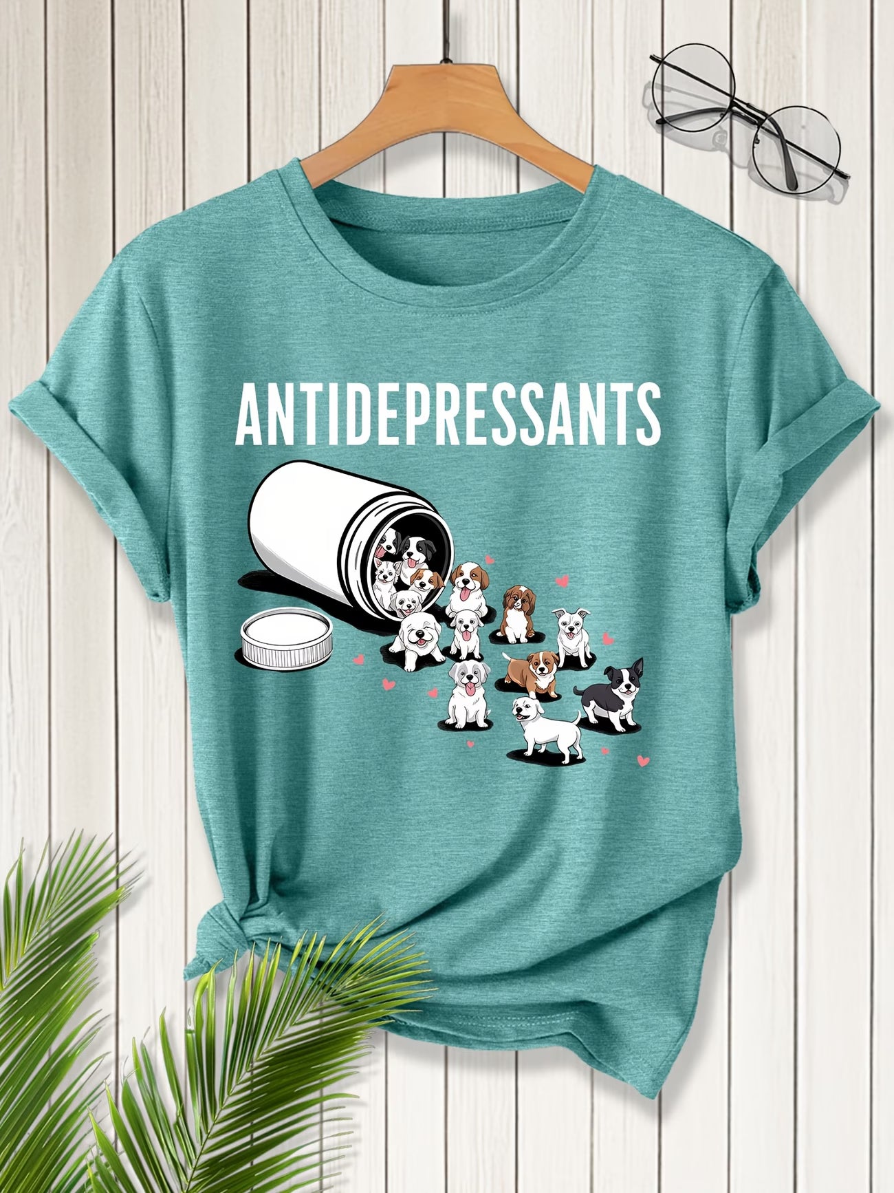 Women's Short Sleeve Cute Puppy "Antidepressant" Print Round Neck T-Shirt