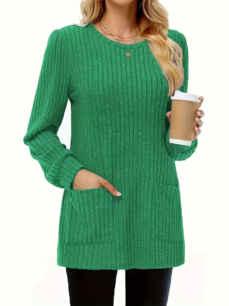 Plus Size, Women'S Plus Size Ribbed Round Neck Top with Pockets