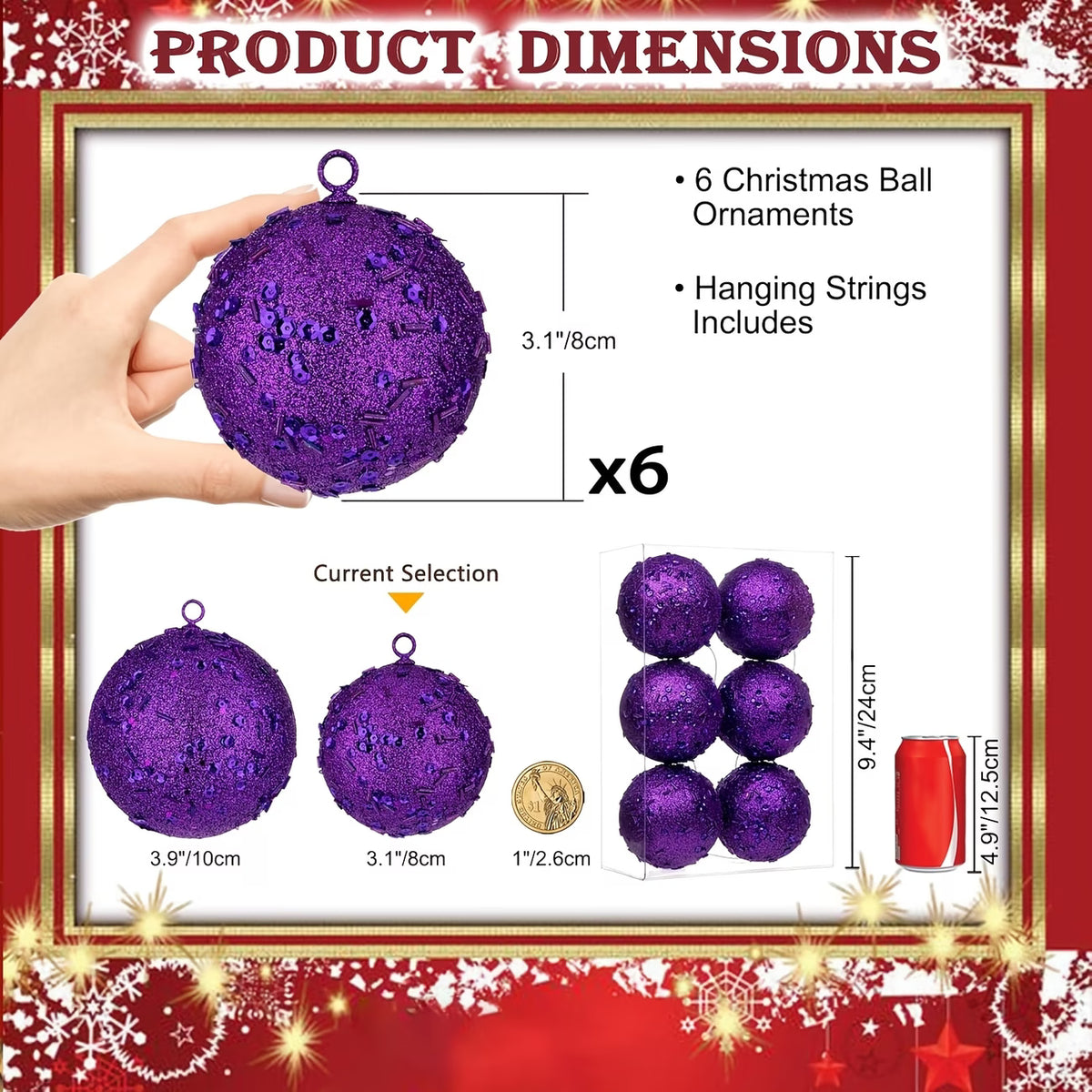 Purple Shatterproof Christmas Ball Ornaments - 6pcs, 8cm Tree Decorations