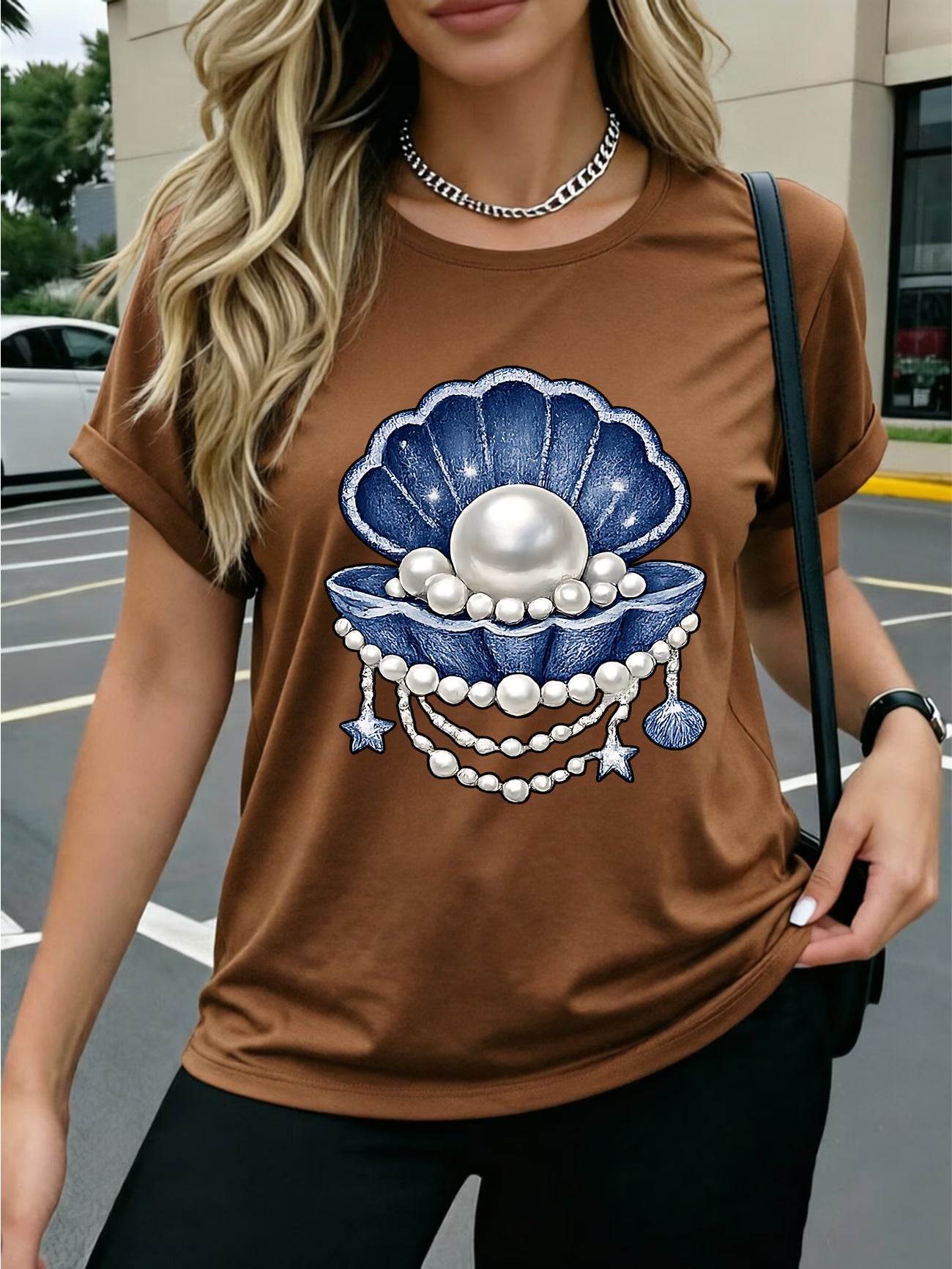 Pearl Denim Bow Heart T-Shirt Denim Fabric
