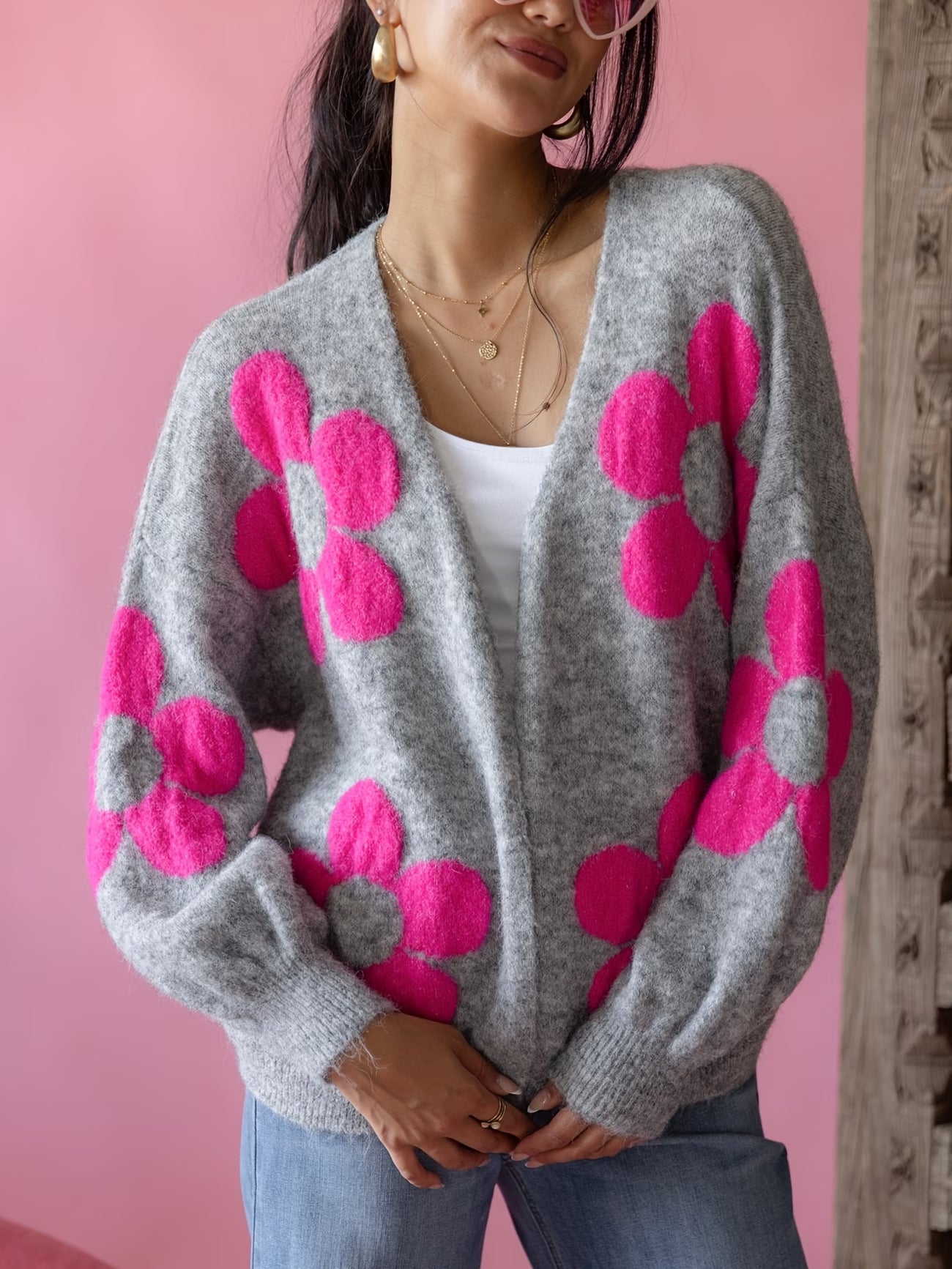 Floral Jacquard Slouchy Cardigan – Open Front Midi Outwear