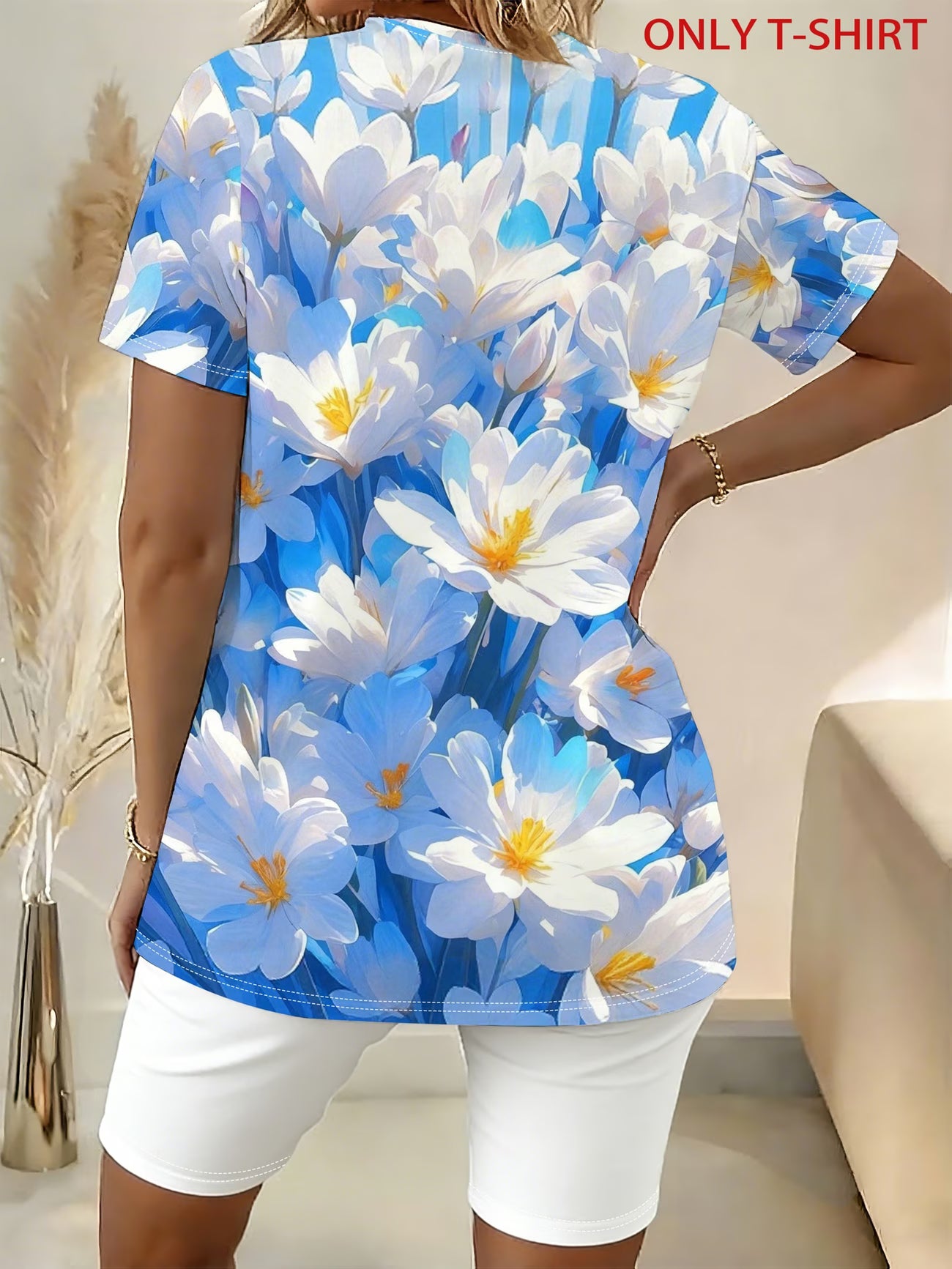 Blue & Saffron Printed Loose Round Neck Side Slit T-Shirt – Plus Size