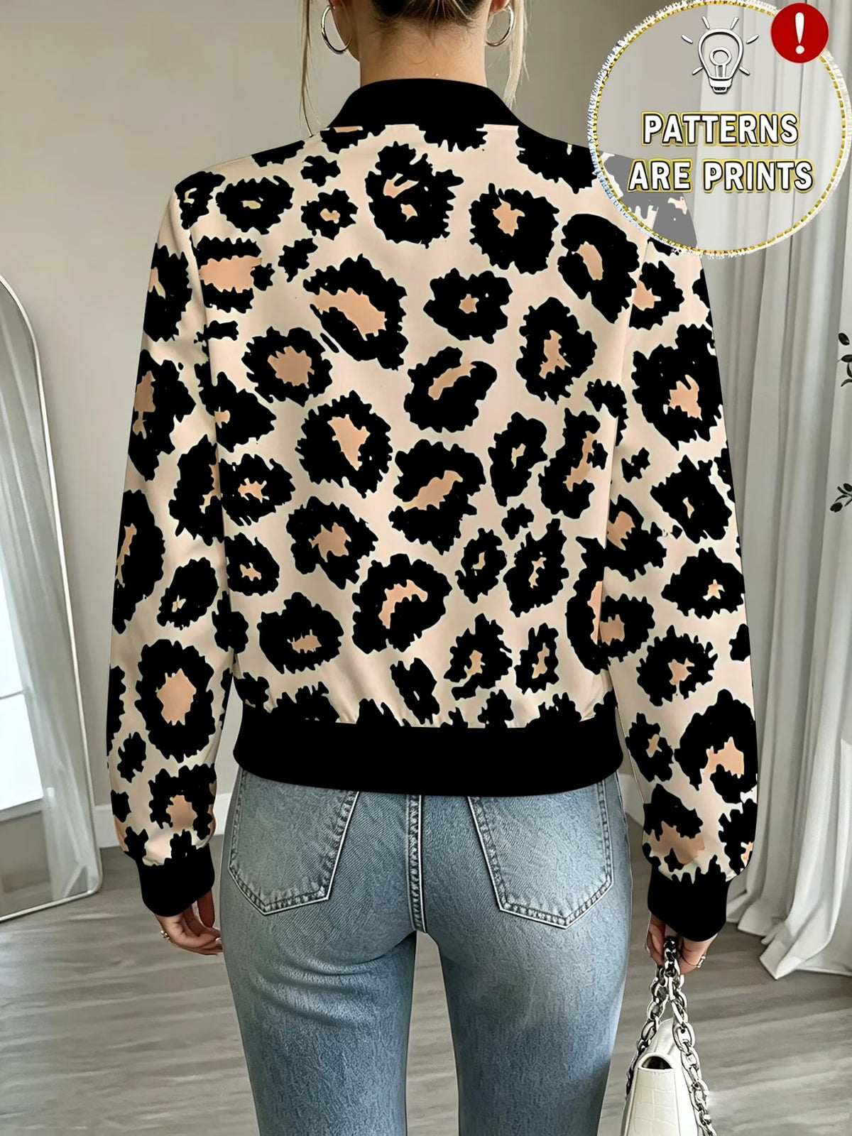 Women's Beige & Black Leopard Print Zip-Up Baseball Jacket