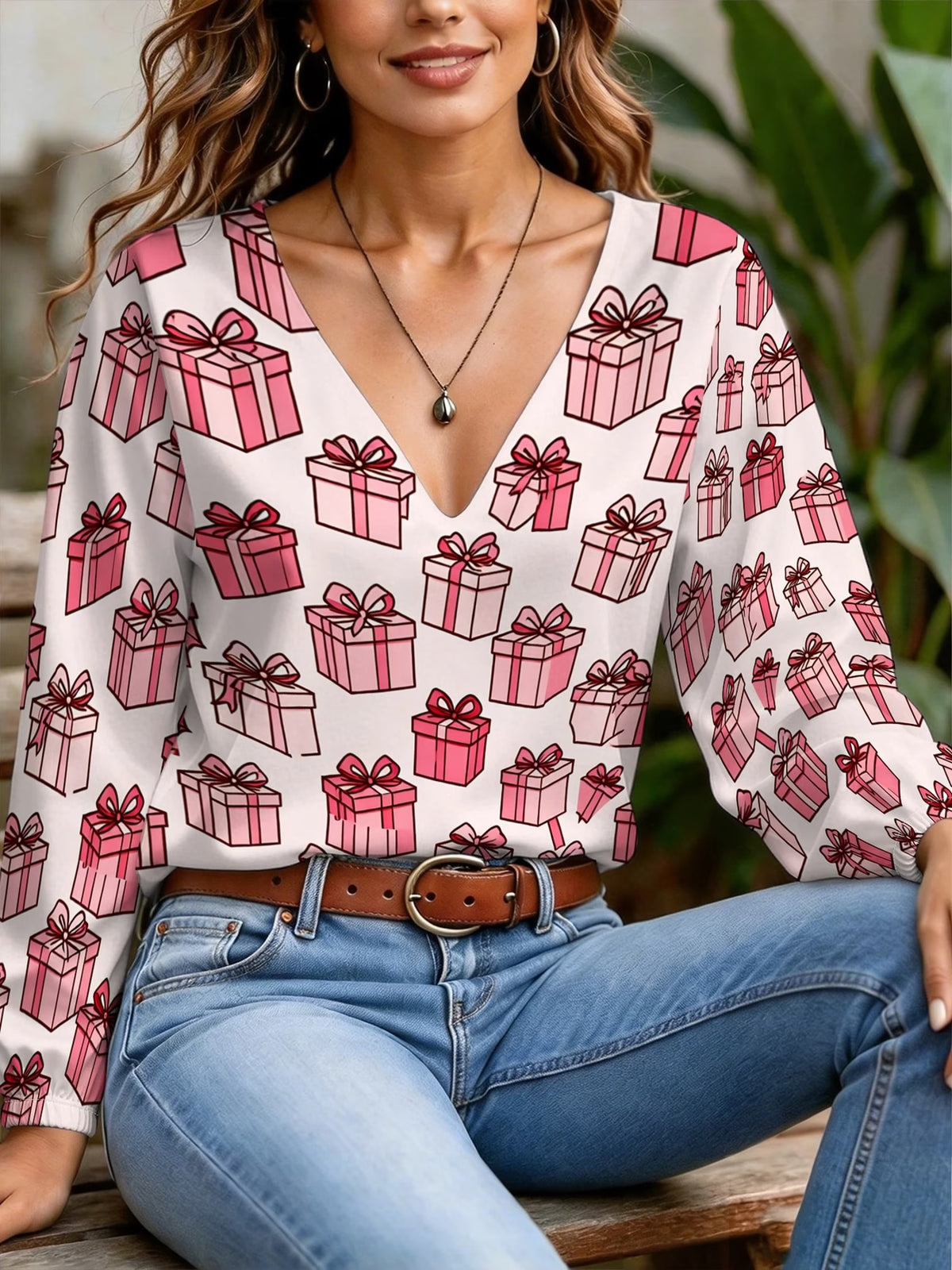 Women's Pink Gift Box Print V-Neck Lantern-Sleeve Dress