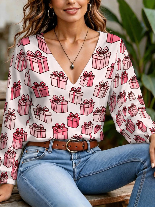 Women's Pink Gift Box Print V-Neck Lantern-Sleeve Dress