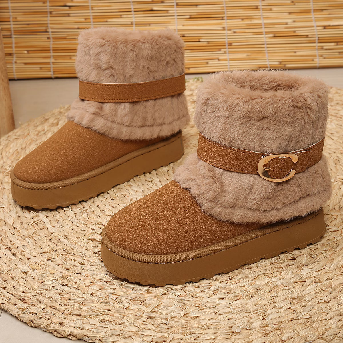 Women's Fuzzy-Lined Ankle Boots with Decorative Buckle