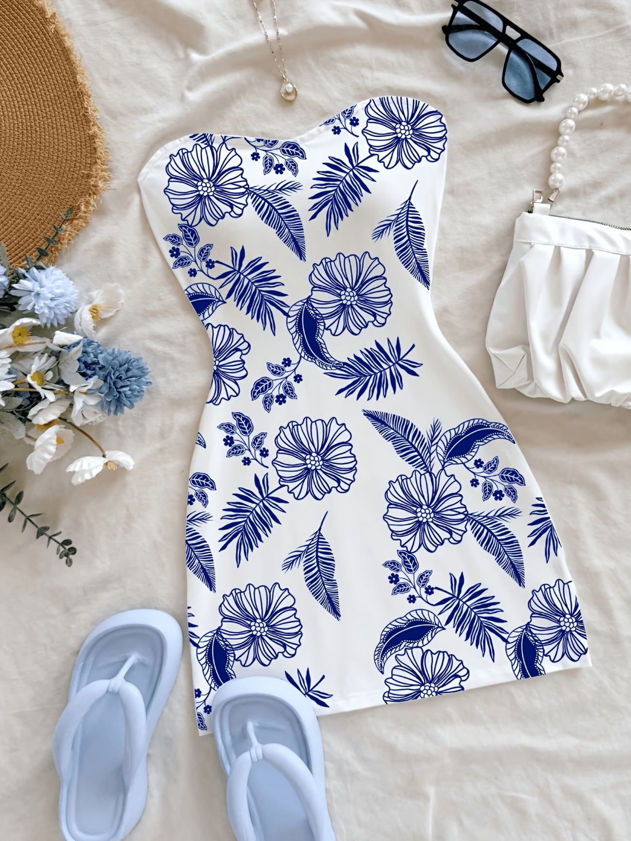 Women's Ribbed Strapless Floral Mini Dress