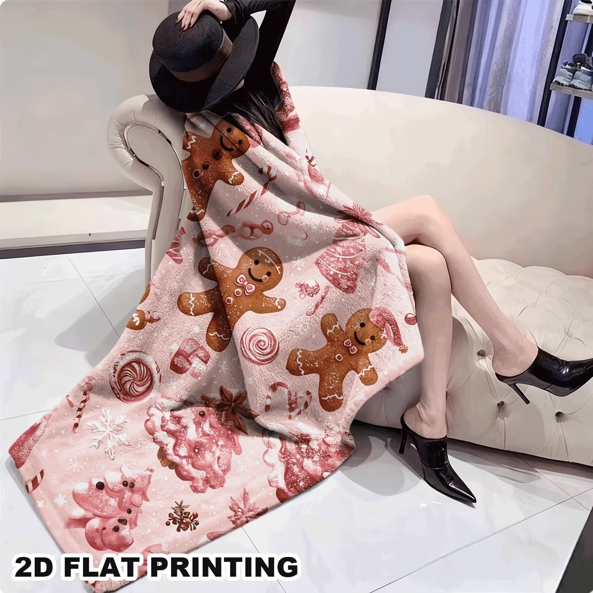 Pink Christmas Gingerbread Man Flannel Throw Blanket – Candy Cane, Tree & Snowflake Print