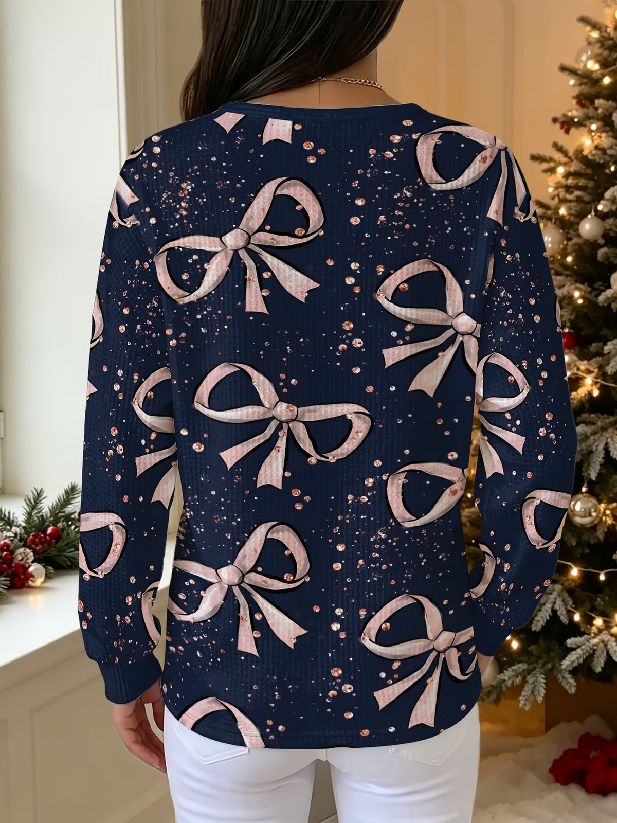 Women’s Navy Sweatshirt with Pink Bow Print