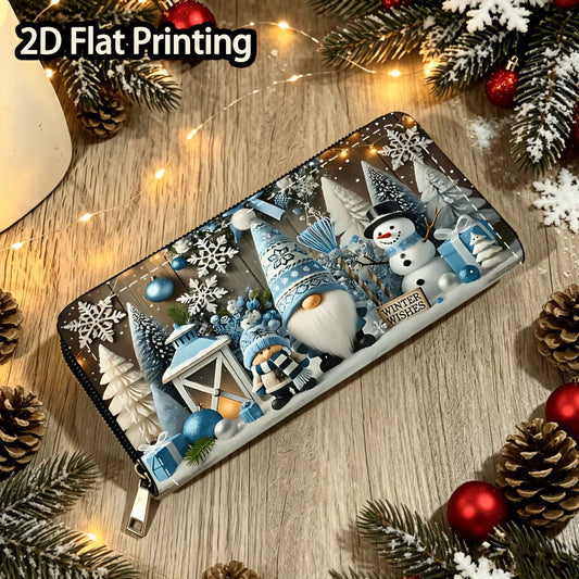 Blue Christmas Gnome & Snowman Long Zip Wallet