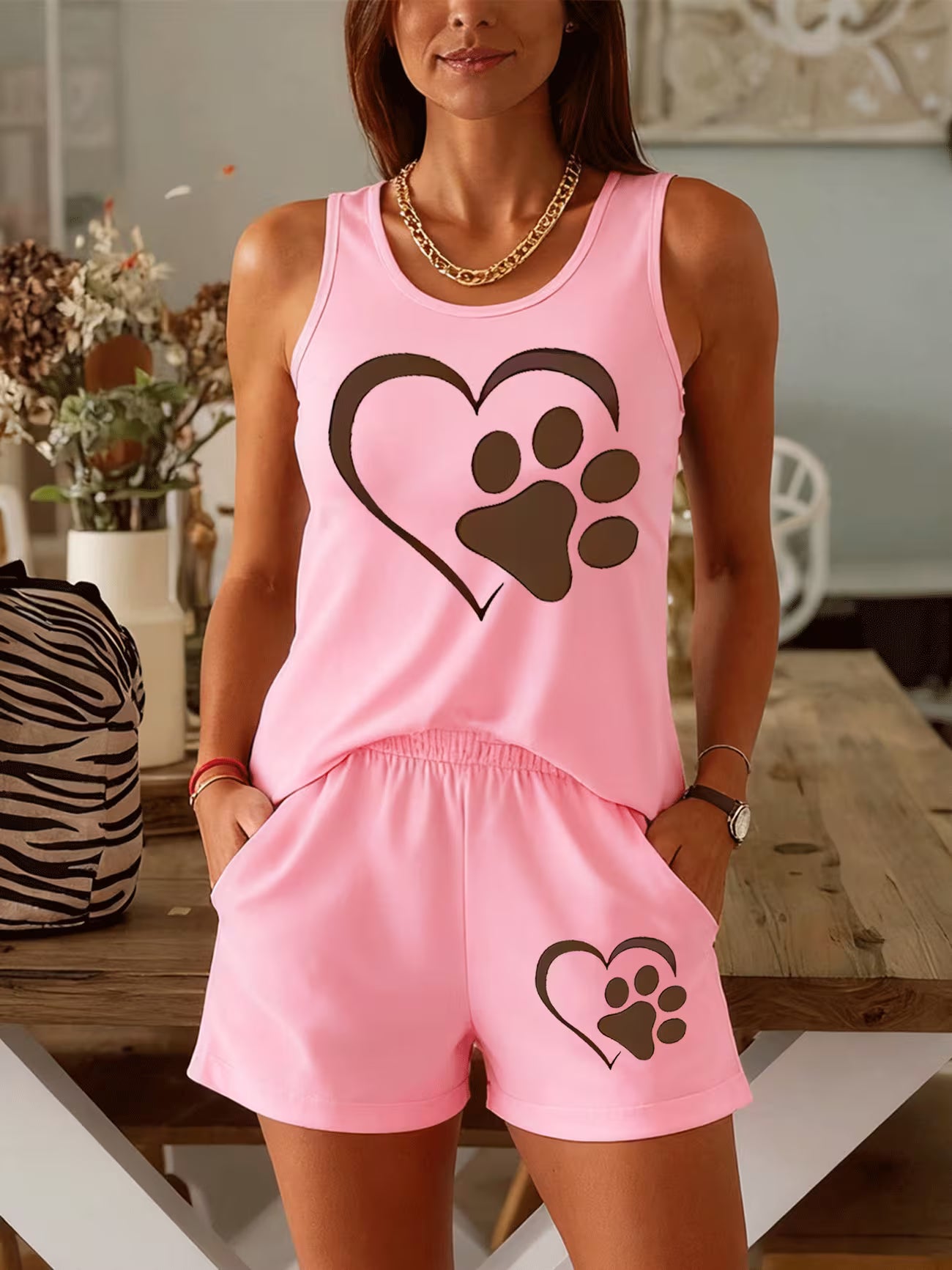 Heart Paw Print Co-Ord Set — Sleeveless Tank Top & Shorts