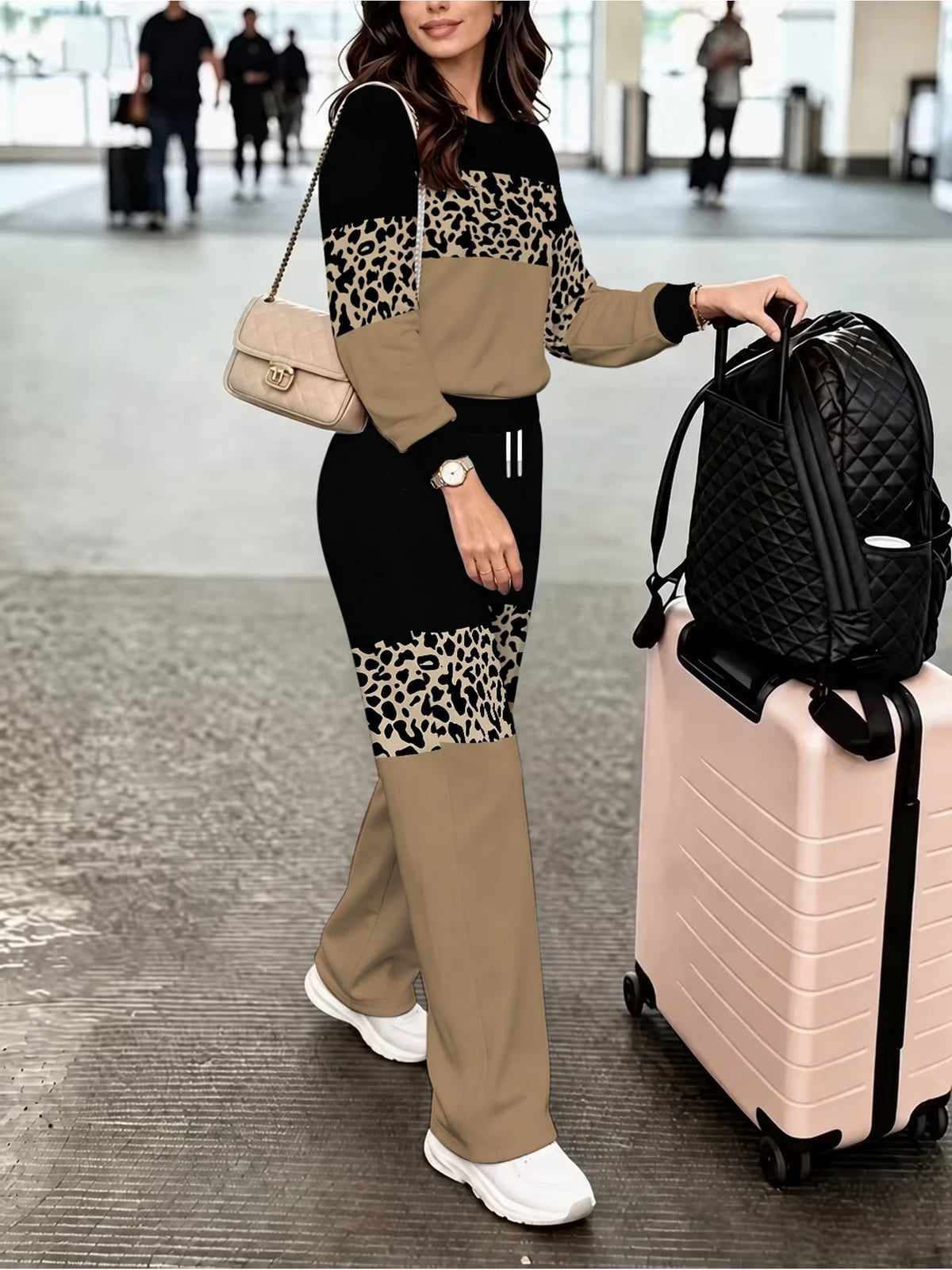 Women's Leopard Print Panel Top & Drawstring Trouser Set
