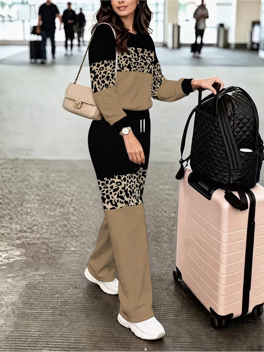 Women's Leopard Print Panel Top & Drawstring Trouser Set