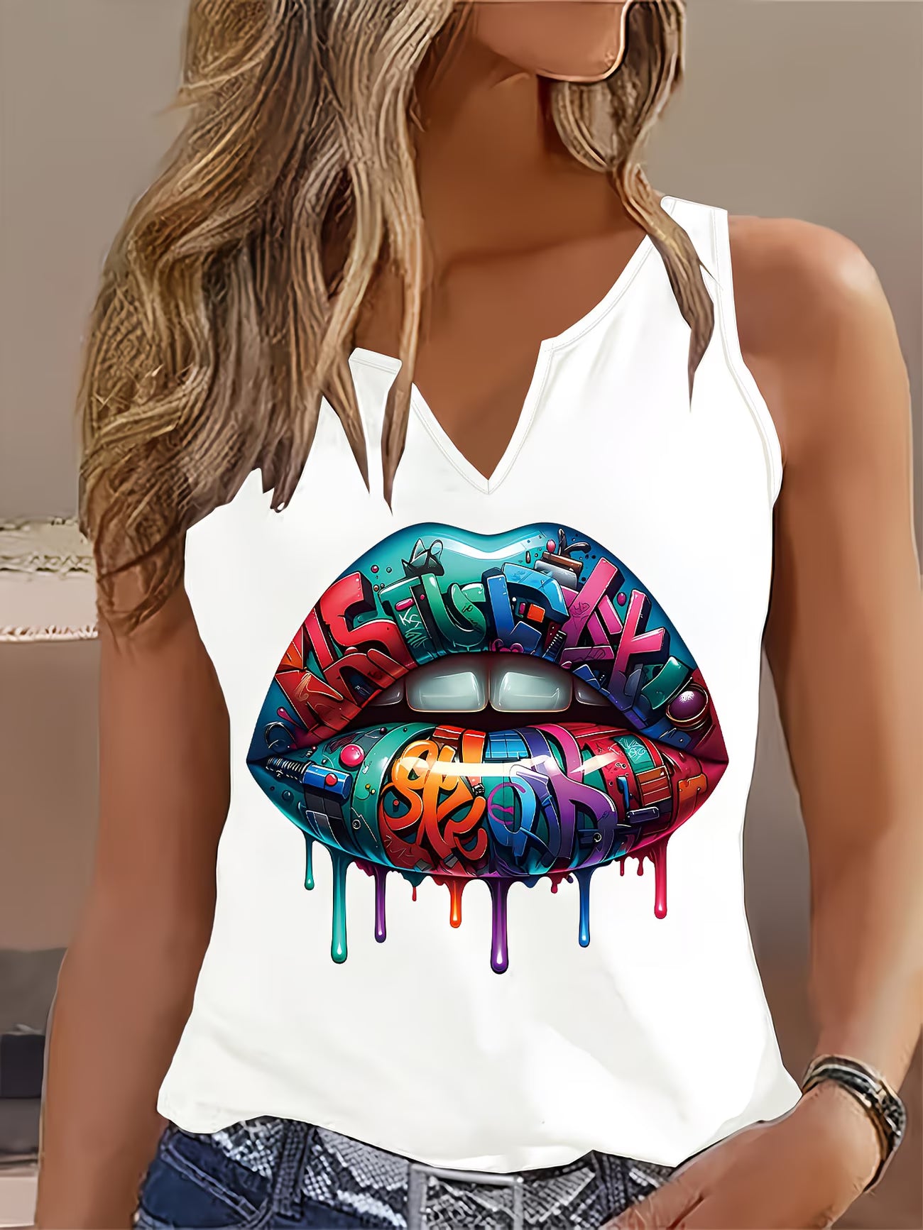 Graffiti Lip Print Sleeveless Vest Top