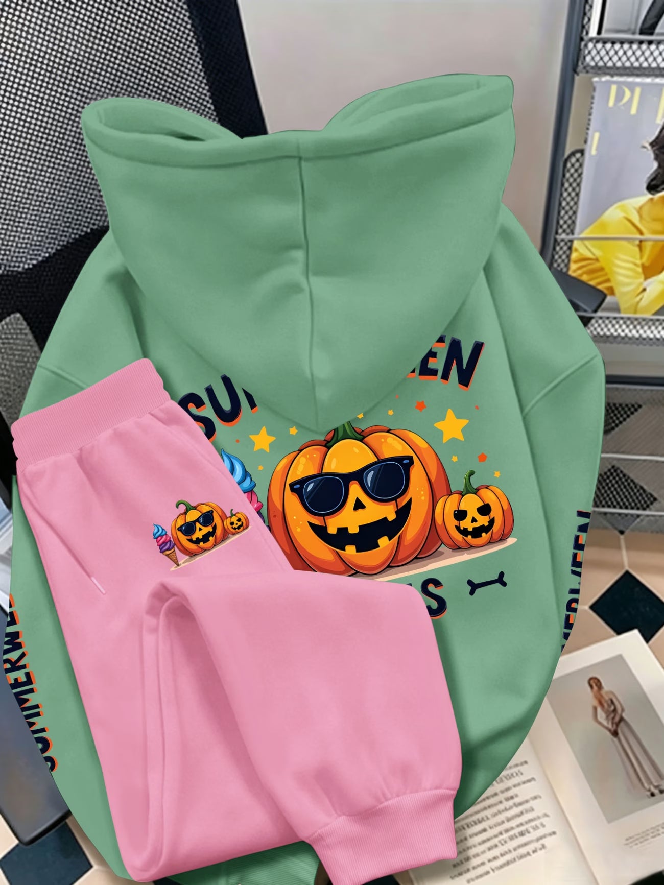 Plus Size Halloween Hooded Sweatshirt Set — Cool Pumpkin in Sunglasses Triple Back Print
