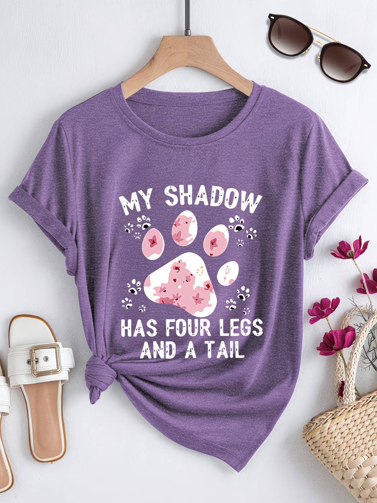 Women's Plus Size Pet Paw Print T-Shirt — "My Shadow Has Four Legs & a Tail"