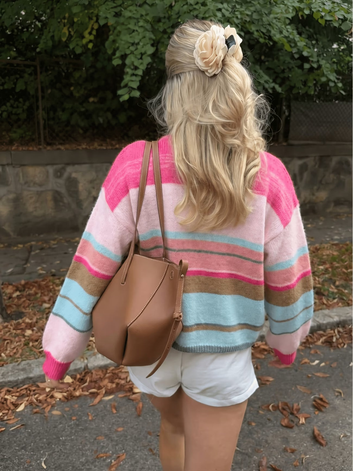 Colour-Block Striped V-Neck Cardigan with Pink Tie