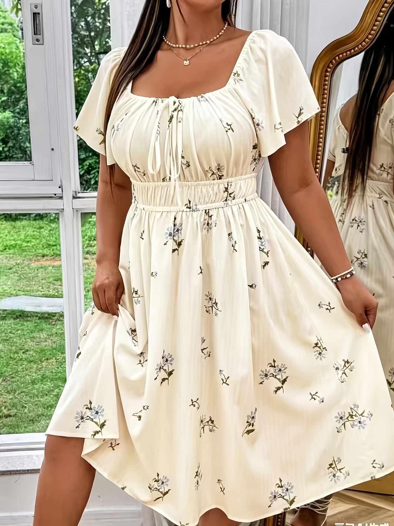 Floral Print Midi Dress | Drawstring Waist | Curve
