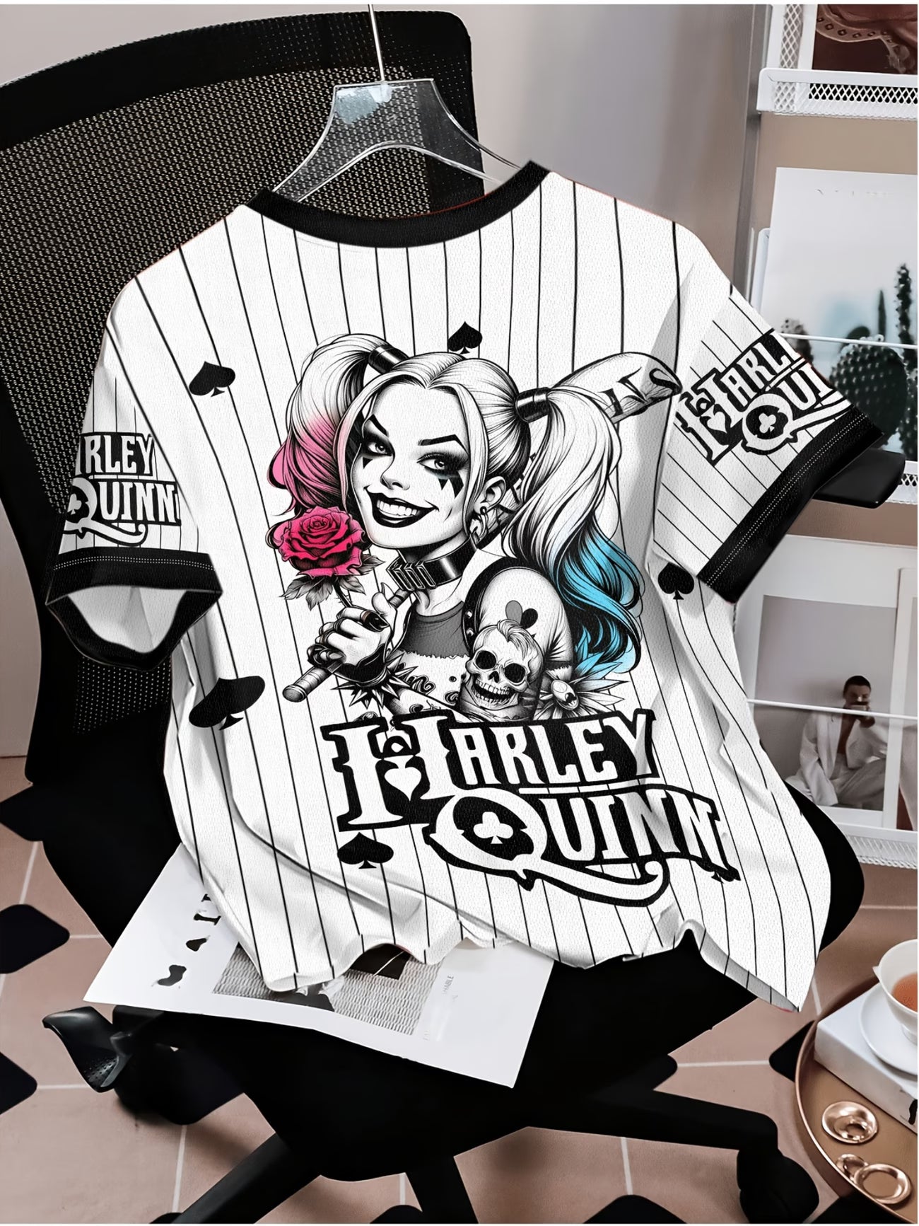 Harley Quinn Original Hand-Print Casual Top — Vertical Striped Baseball-Style with Spade Floral Details