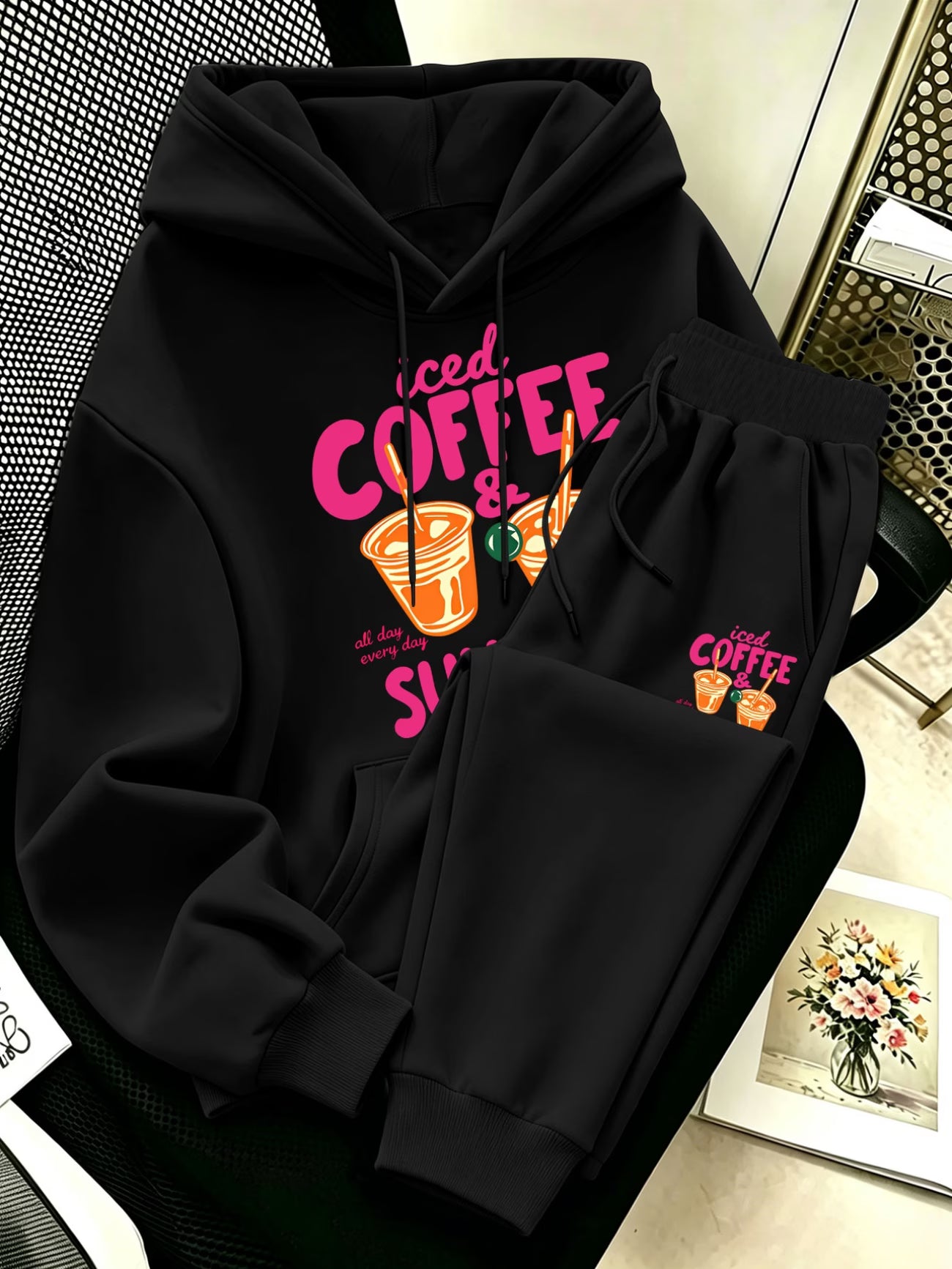 Plus Size Coffee & Dessert Print Hoodie & Pants Set — Vibrant Cute Design
