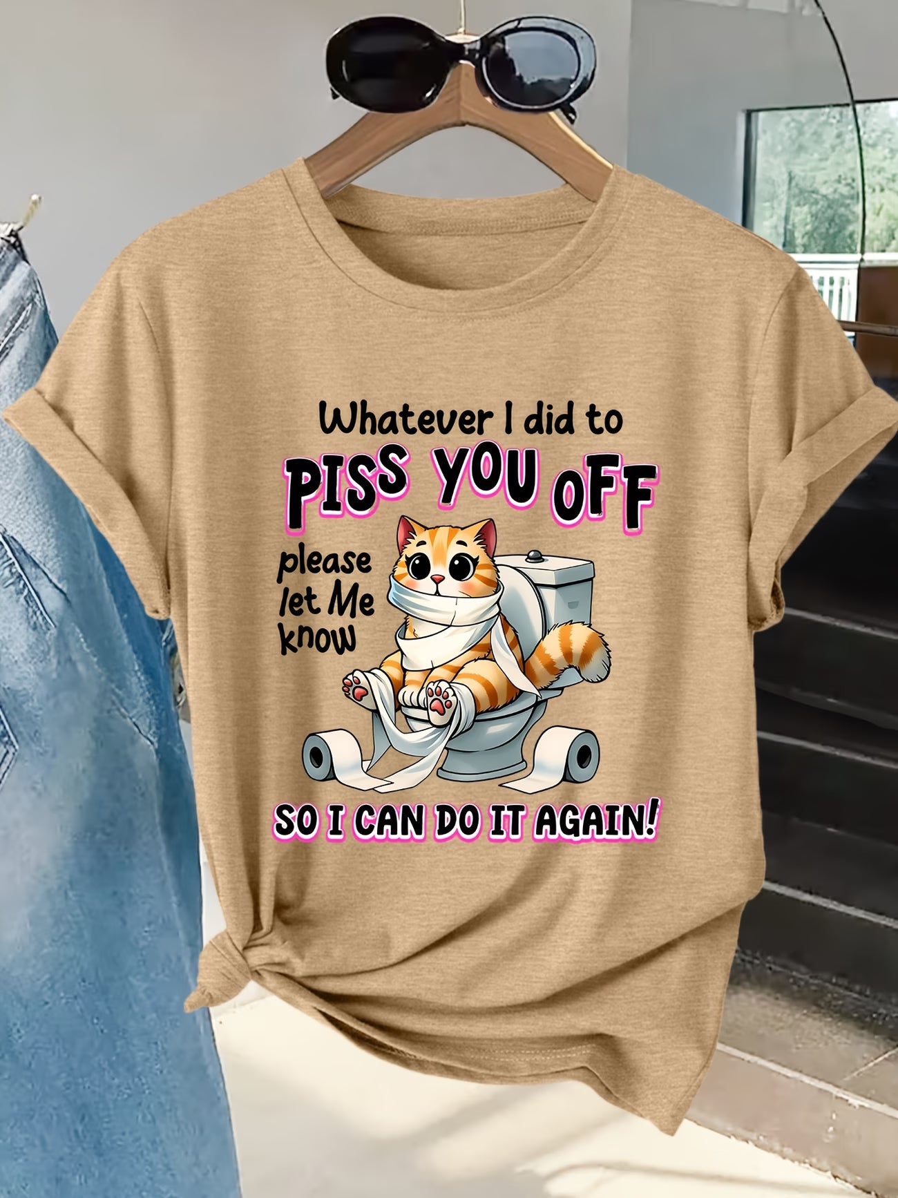 Women's Funny Toilet Cat Graphic Tee | Quirky Short-Sleeve T-Shirt