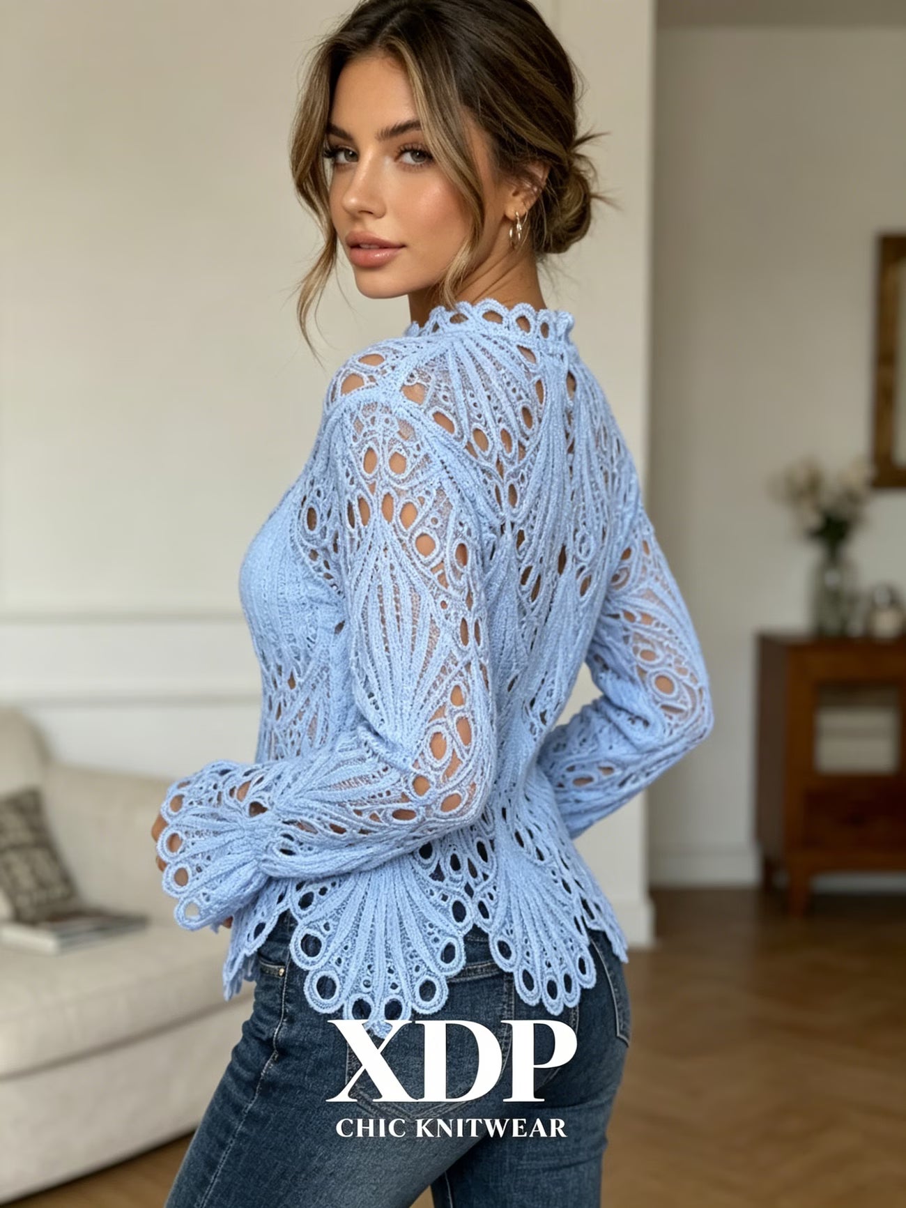 Crochet Lace Long Sleeve Blouse — Hollow Keyhole Neck