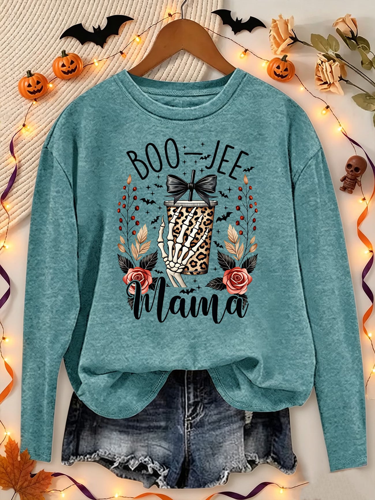 Boo-Jee Mama Skull Leopard Halloween Print Long Sleeve Top