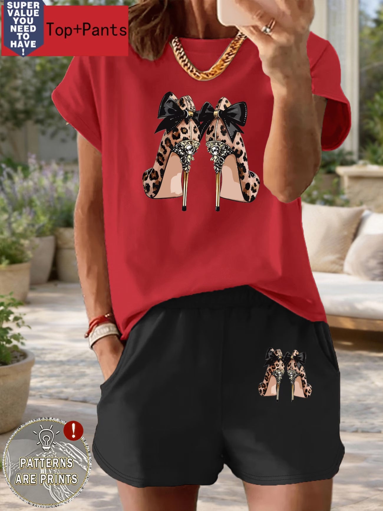 Leopard & High Heels Print Two-Piece Set – Bow & Letter Pattern Tee & High-Waist Shorts