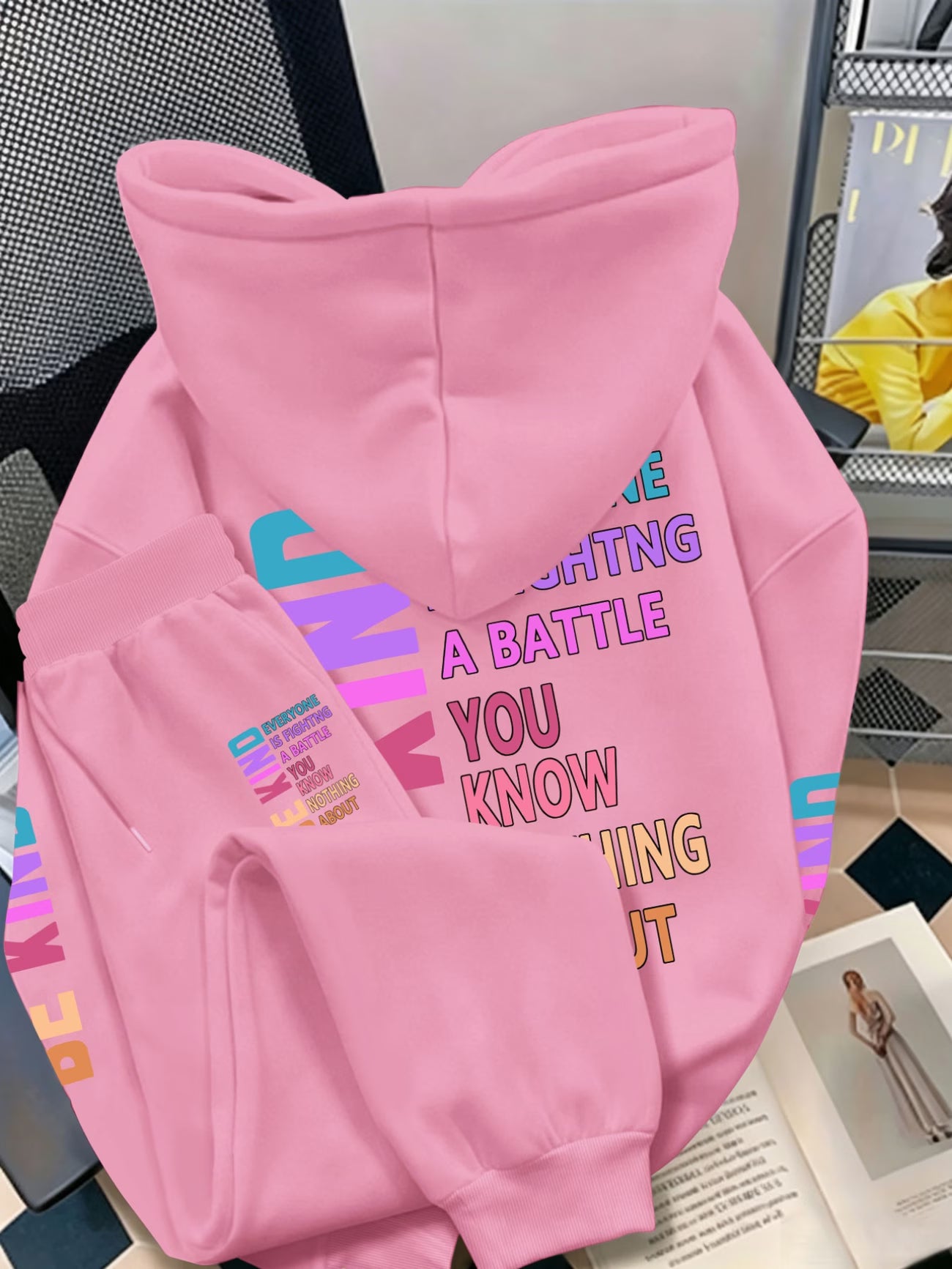 Plus Size Hooded Sweatshirt Set — Multi-Colour Positive Message Triple Back Print