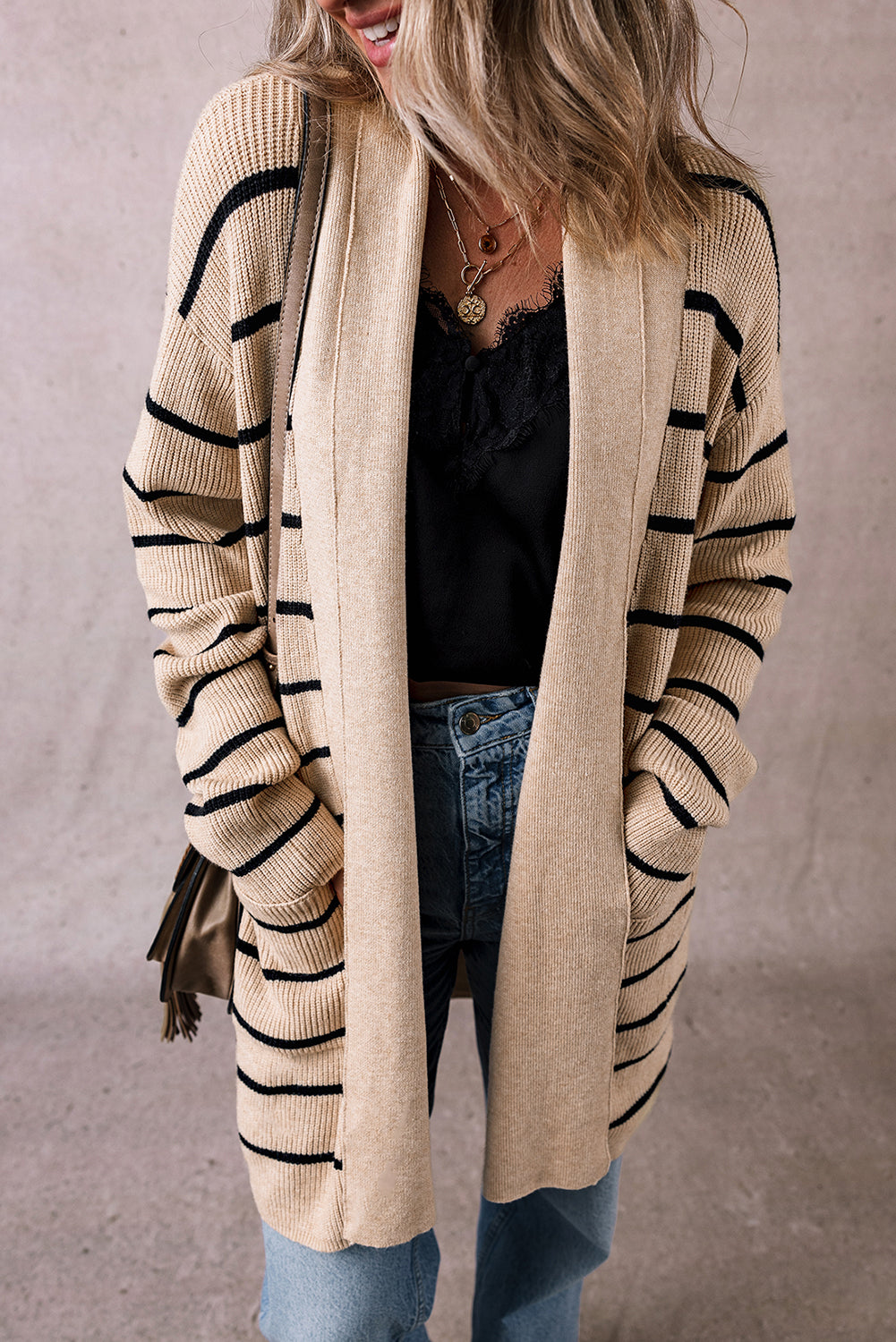 Black Striped Shawl Collar Open Cardigan with Pockets