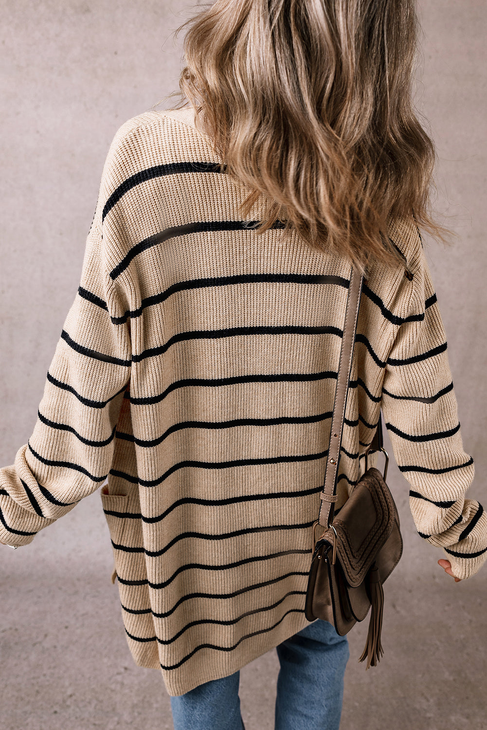 Black Striped Shawl Collar Open Cardigan with Pockets