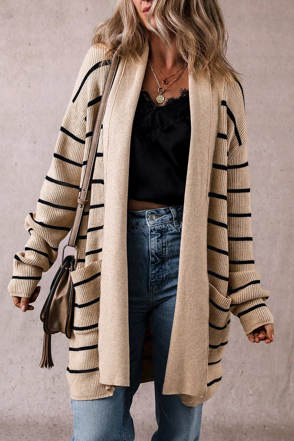 Black Striped Shawl Collar Open Cardigan with Pockets