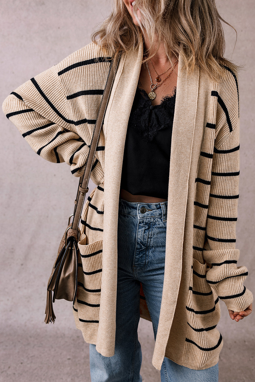 Black Striped Shawl Collar Open Cardigan with Pockets