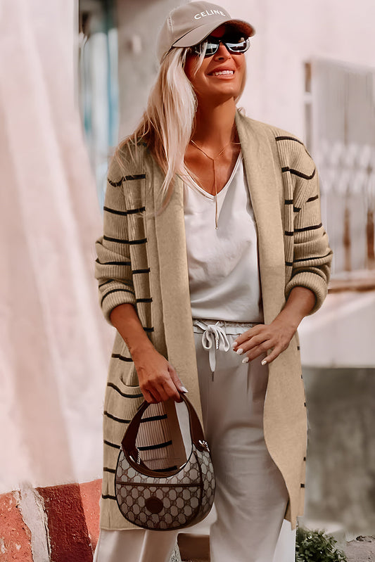 Black Striped Shawl Collar Open Cardigan with Pockets
