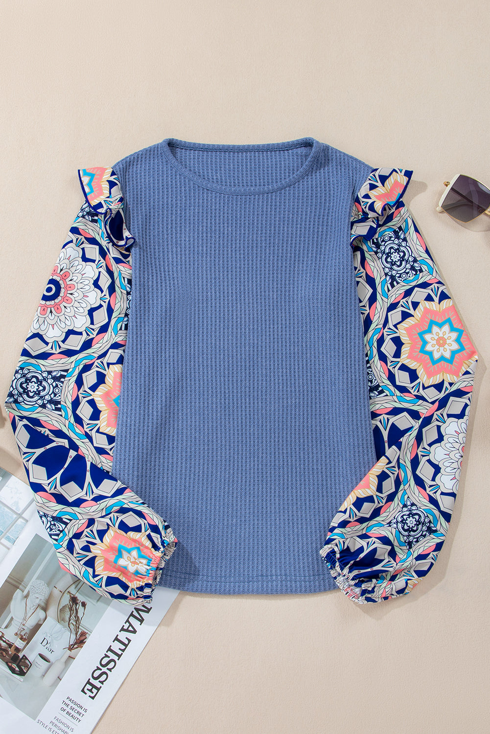 Blue O-Neck Waffle Knit Blouse with Floral Sleeves and Ruffles