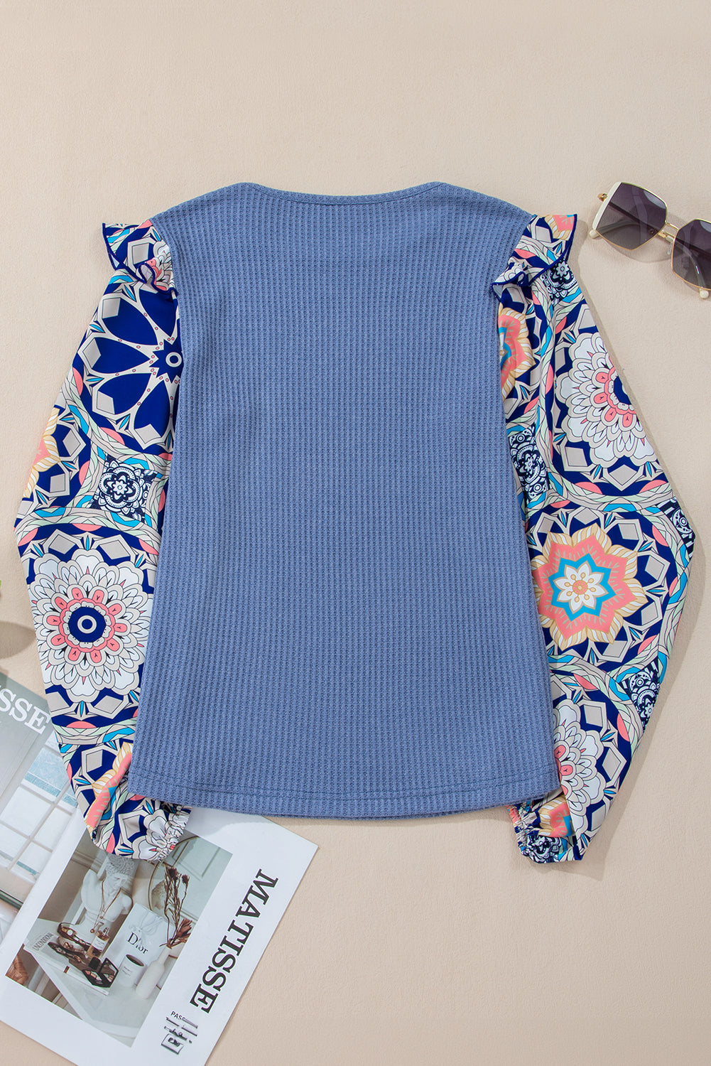 Blue O-Neck Waffle Knit Blouse with Floral Sleeves and Ruffles