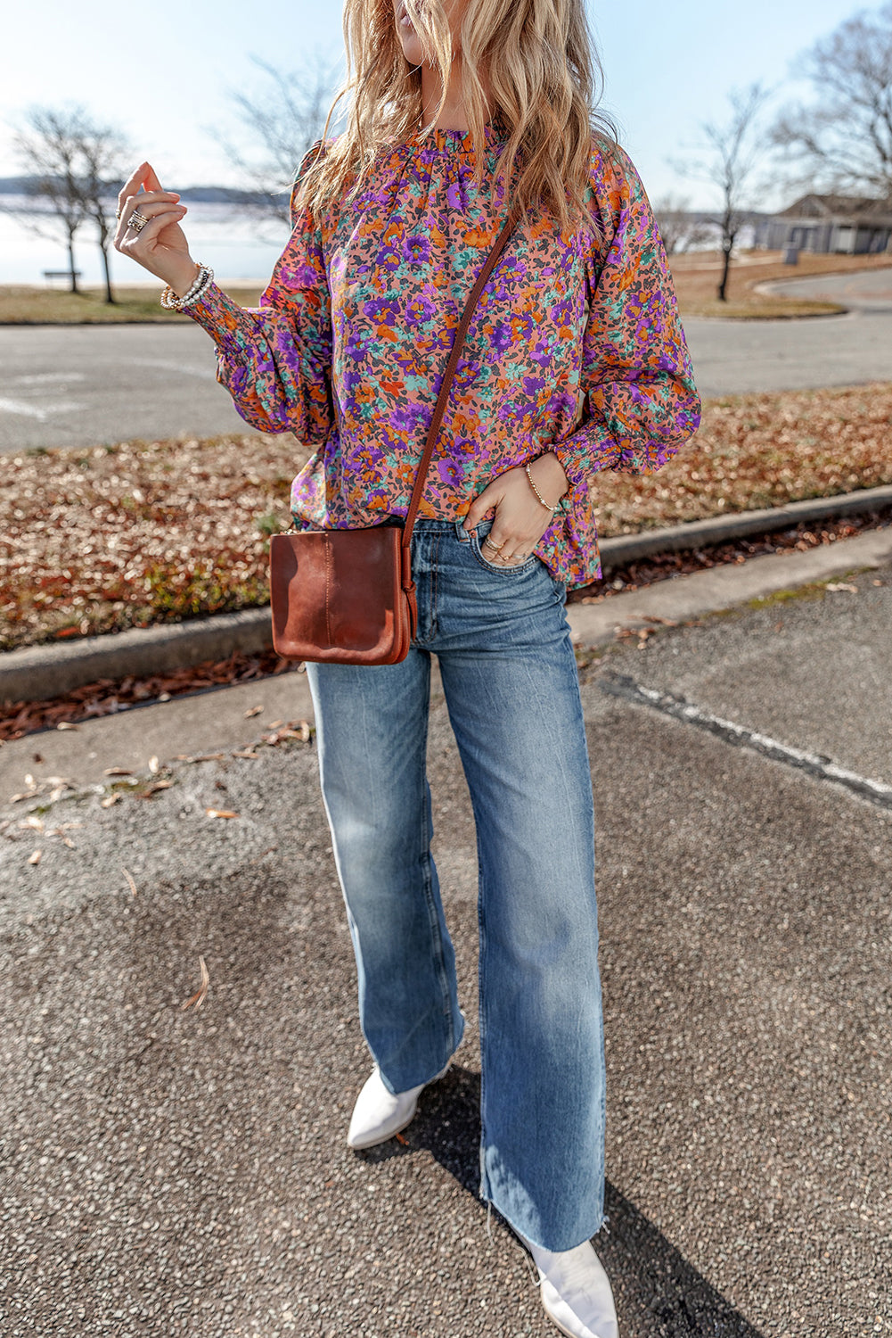 Purple Floral Print Frilled O-Neck Blouse with Shirred Cuffs