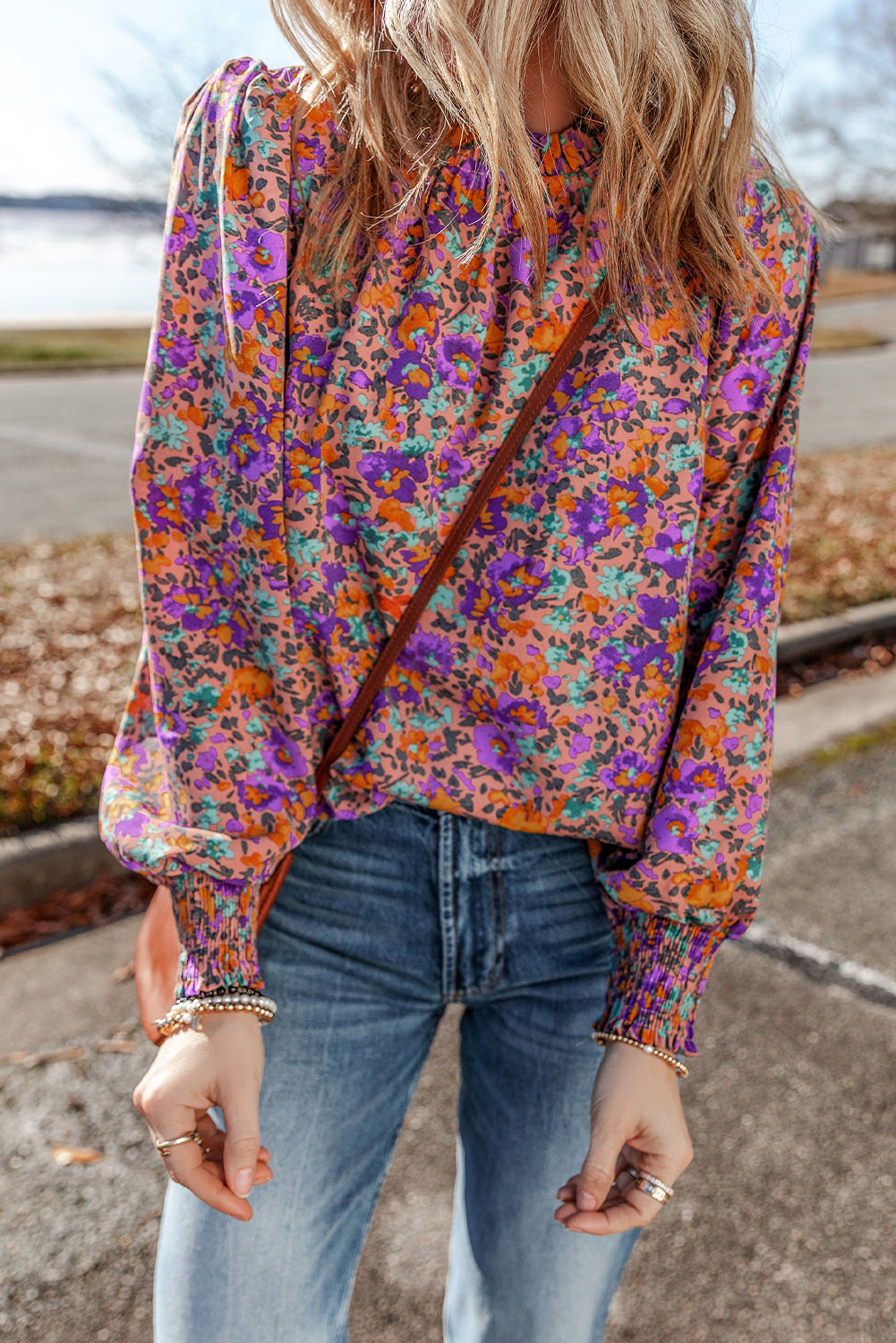 Purple Floral Print Frilled O-Neck Blouse with Shirred Cuffs