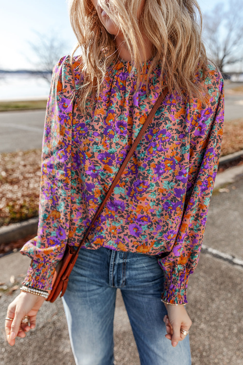 Purple Floral Print Frilled O-Neck Blouse with Shirred Cuffs